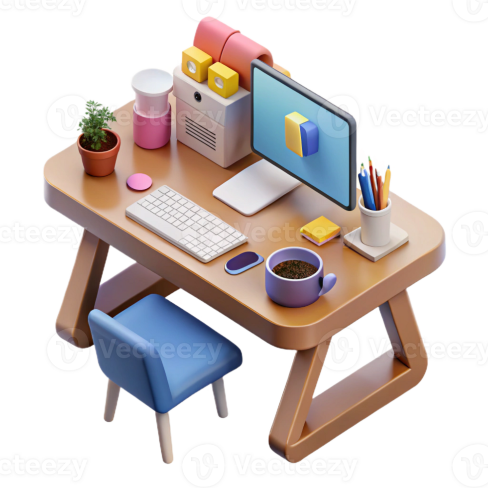 beautiful creative Isometric Office Desk with Laptop and Coffee Mug Isolated high quality png