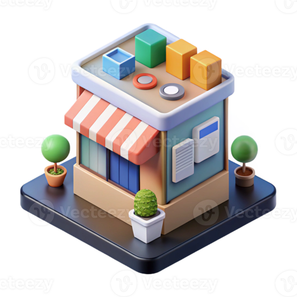 serene modern Isometric Retail Store with Digital Marketing Displays Transparent premium png