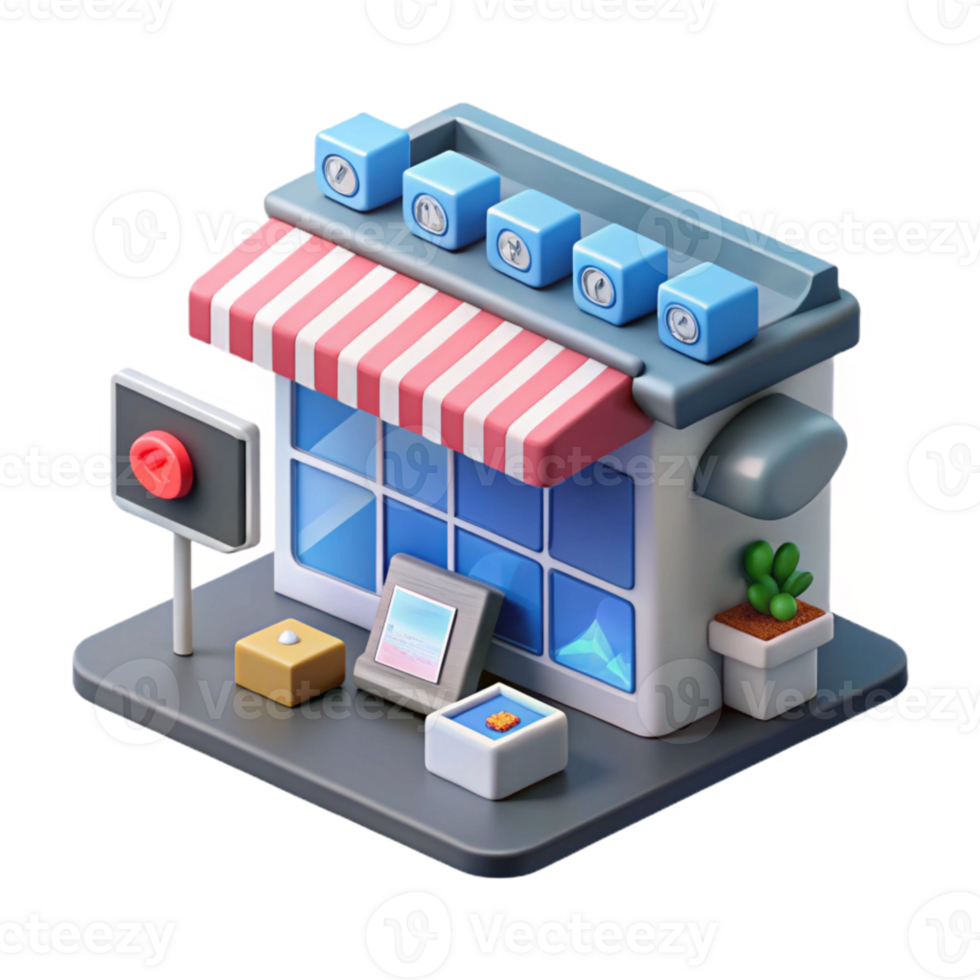 serene classic Isometric Retail Store with Digital Marketing Displays Transparent detailed png