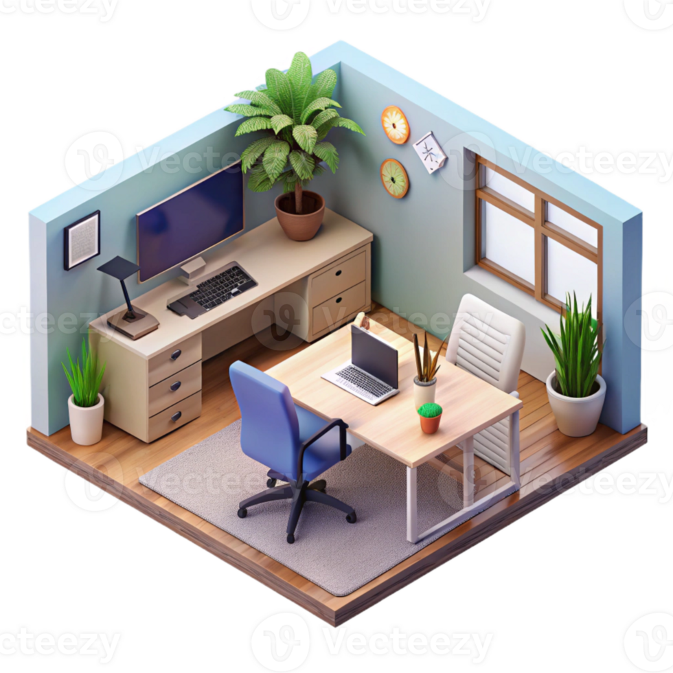 elegant contemporary Isometric Startup Office Interior Transparent Background high resolution png