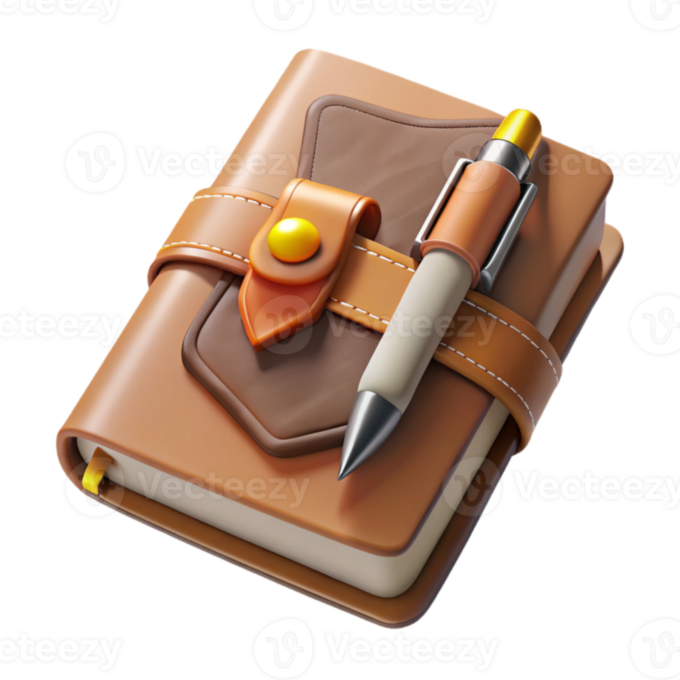 dramatic creative Journal with Pen Top View Isolated with Realistic Leather Texture detailed png