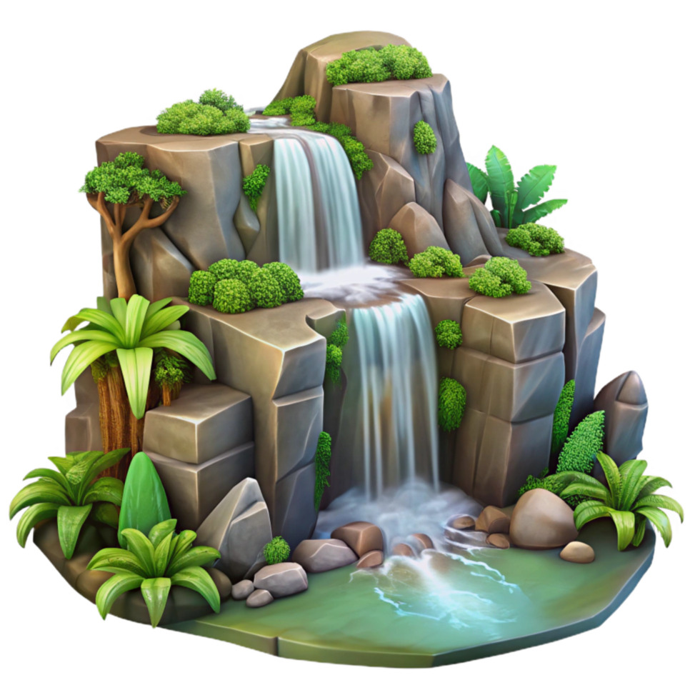 elegant modern Jungle Waterfall Cascading Down Rocks Isolated detailed png