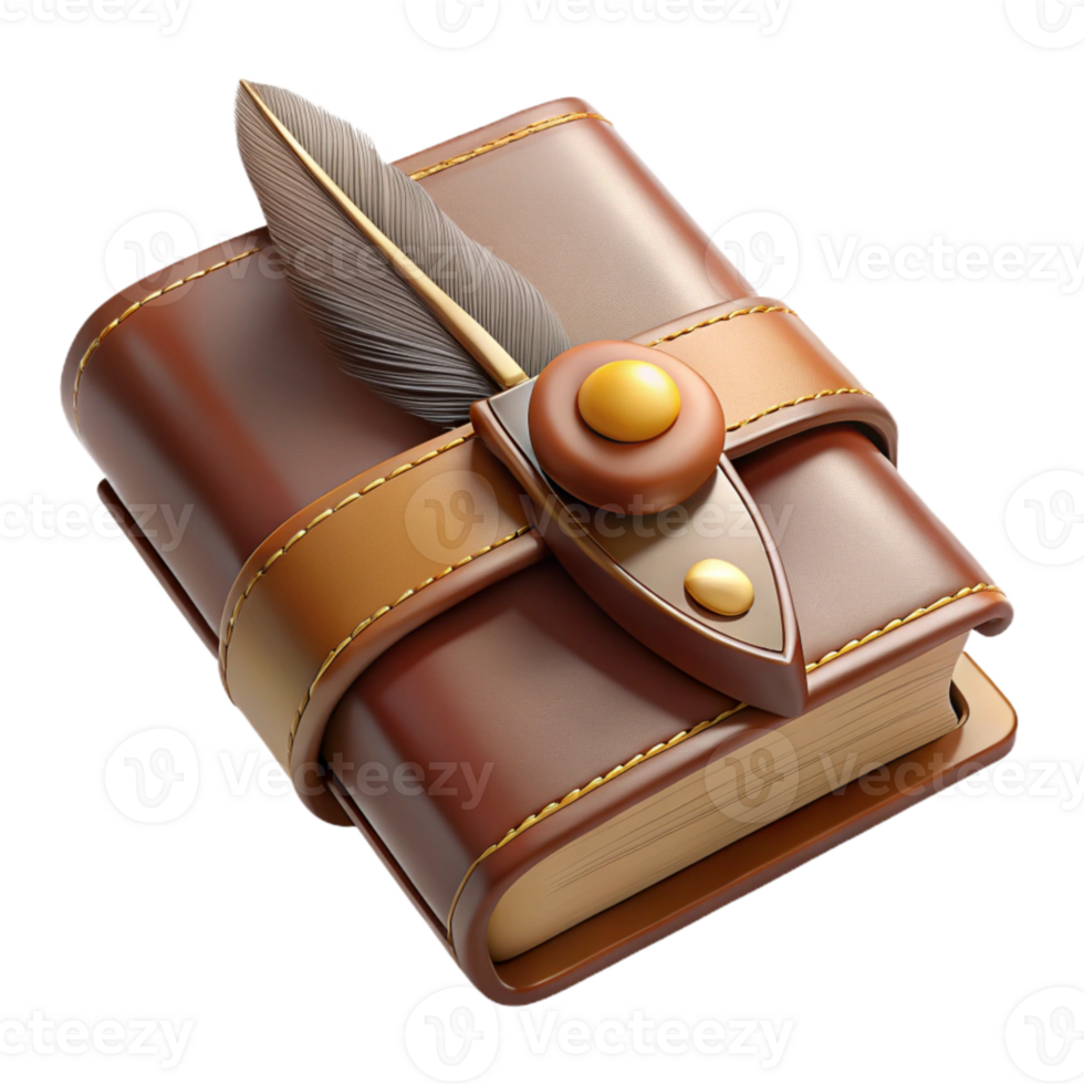 beautiful rustic Leather Journal with Feather Pen Transparent Background detailed png