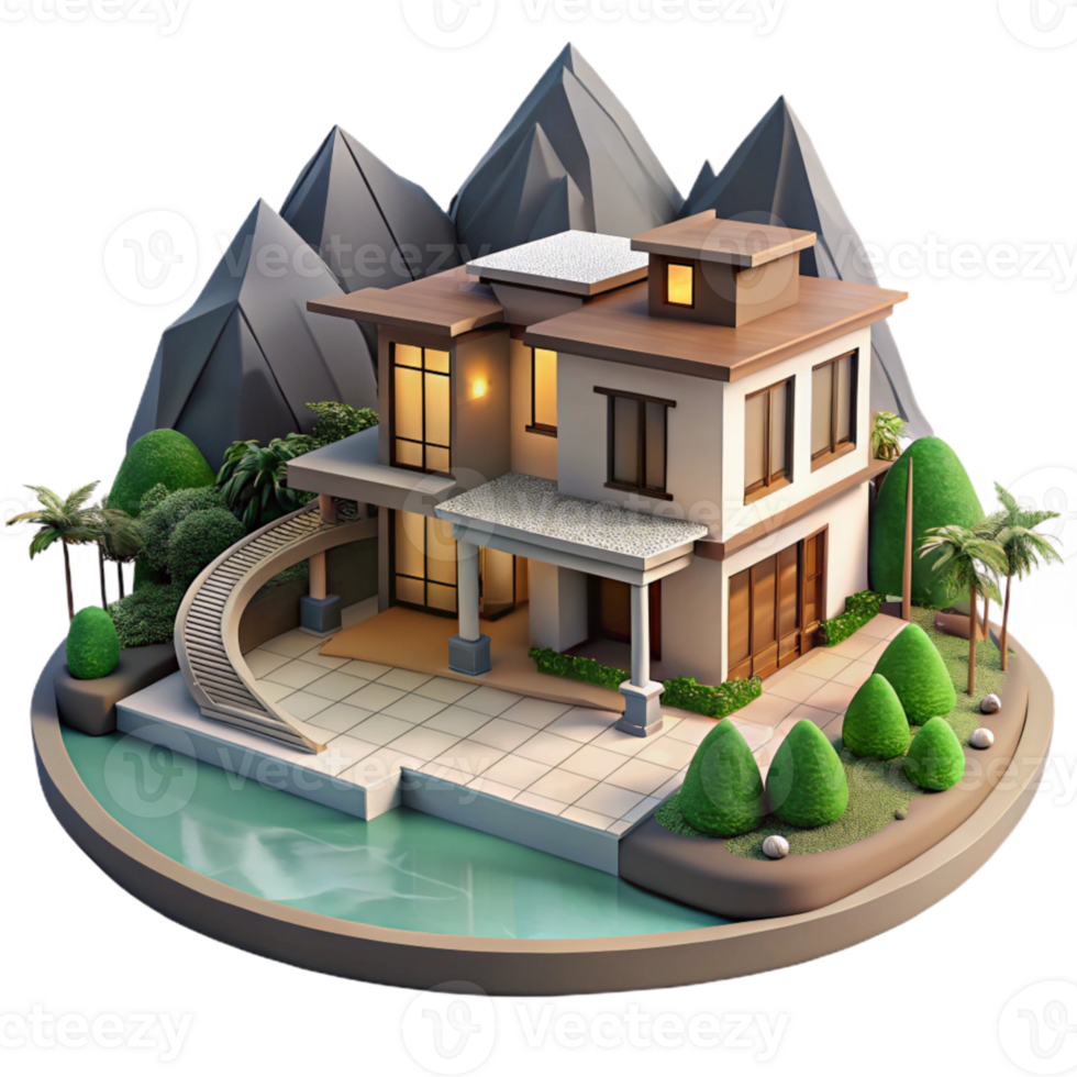 vibrant rustic Luxury Villa Mountain View Isolated high quality png