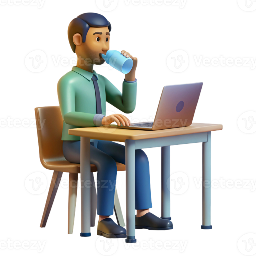 stunning classic Man Drinking Water at Desk Side View Isolated professional png