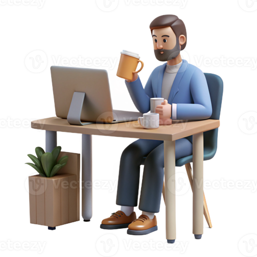 wonderful classic Man Drinking Coffee at Desk Transparent authentic png
