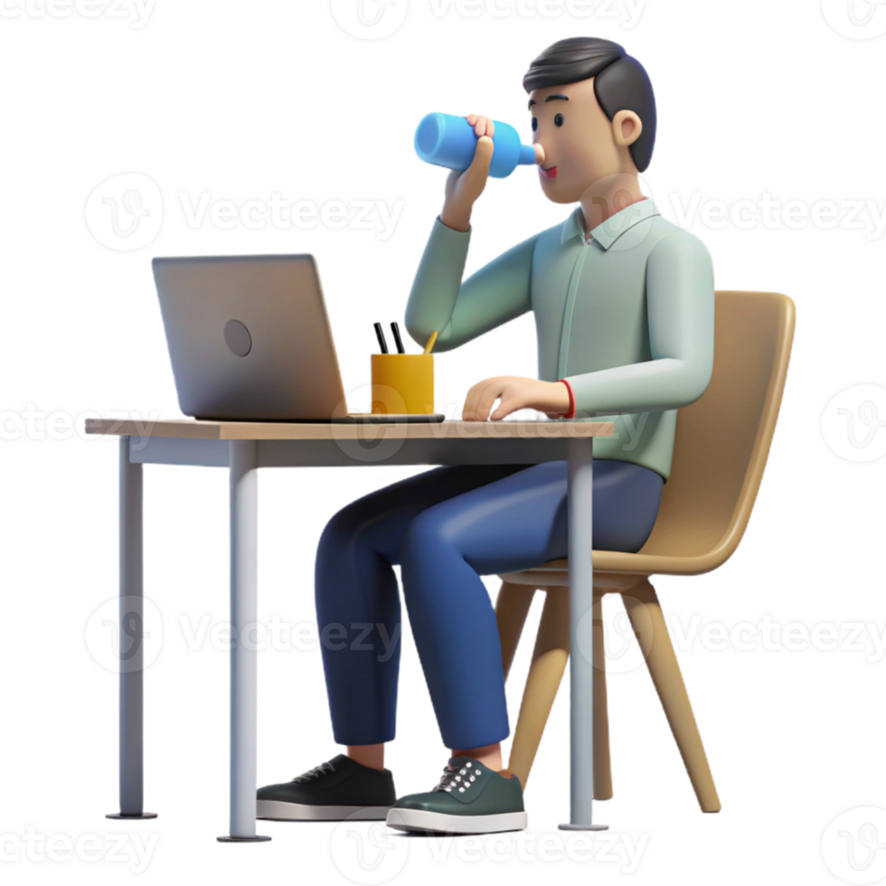 vibrant modern Man Drinking Water at Desk Side View Isolated high quality png