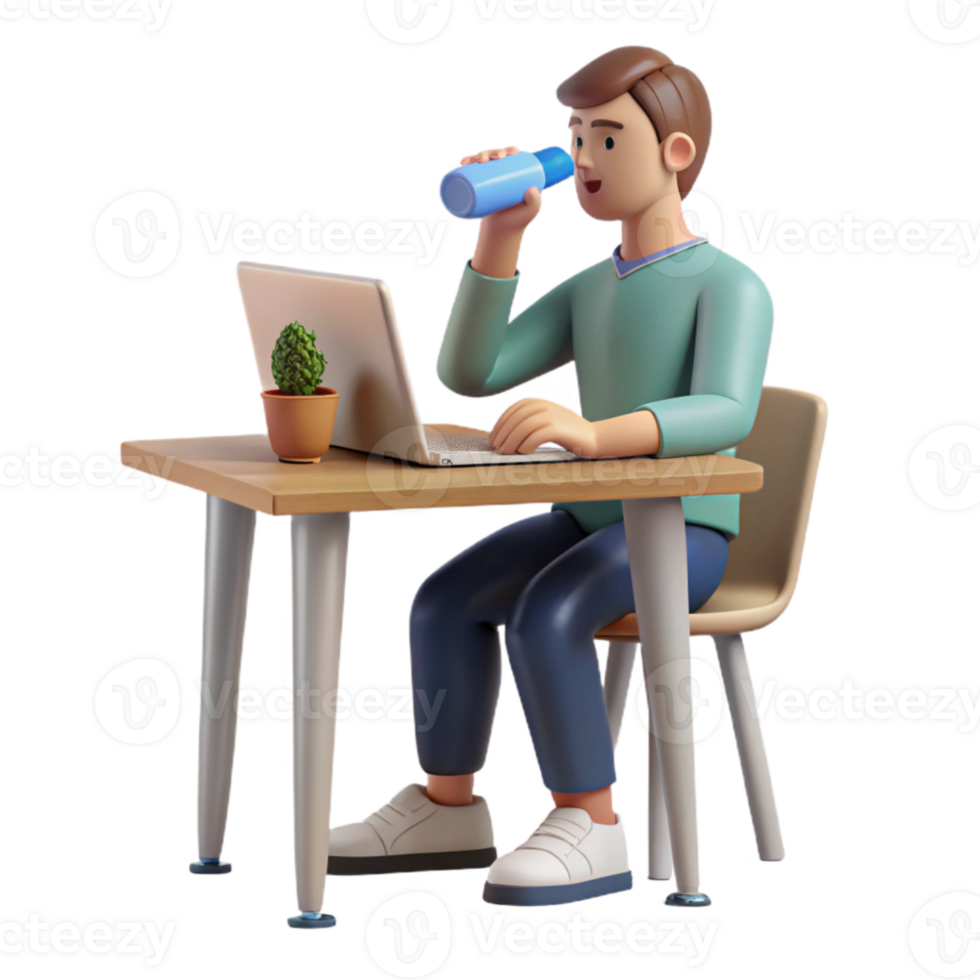 beautiful classic Man Drinking Water at Desk Side View Isolated high quality png