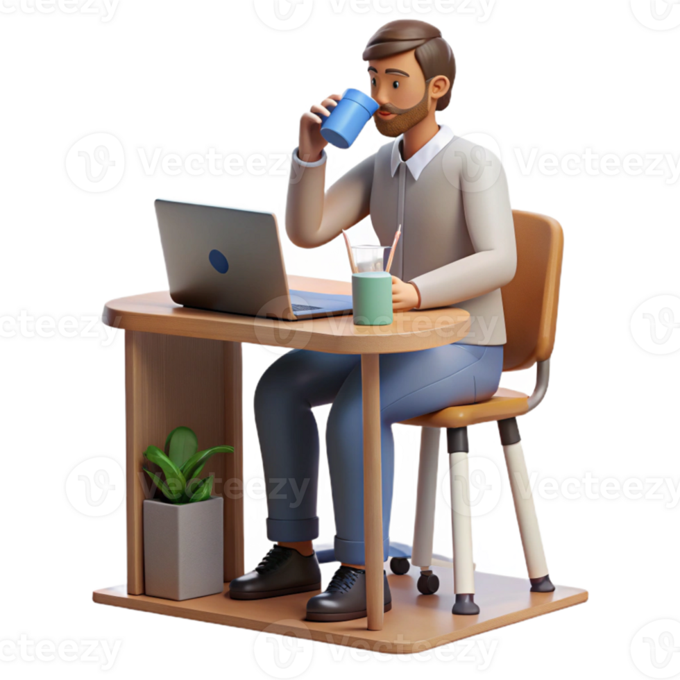 extraordinary vintage Man Drinking Water at Desk Side View Isolated authentic png