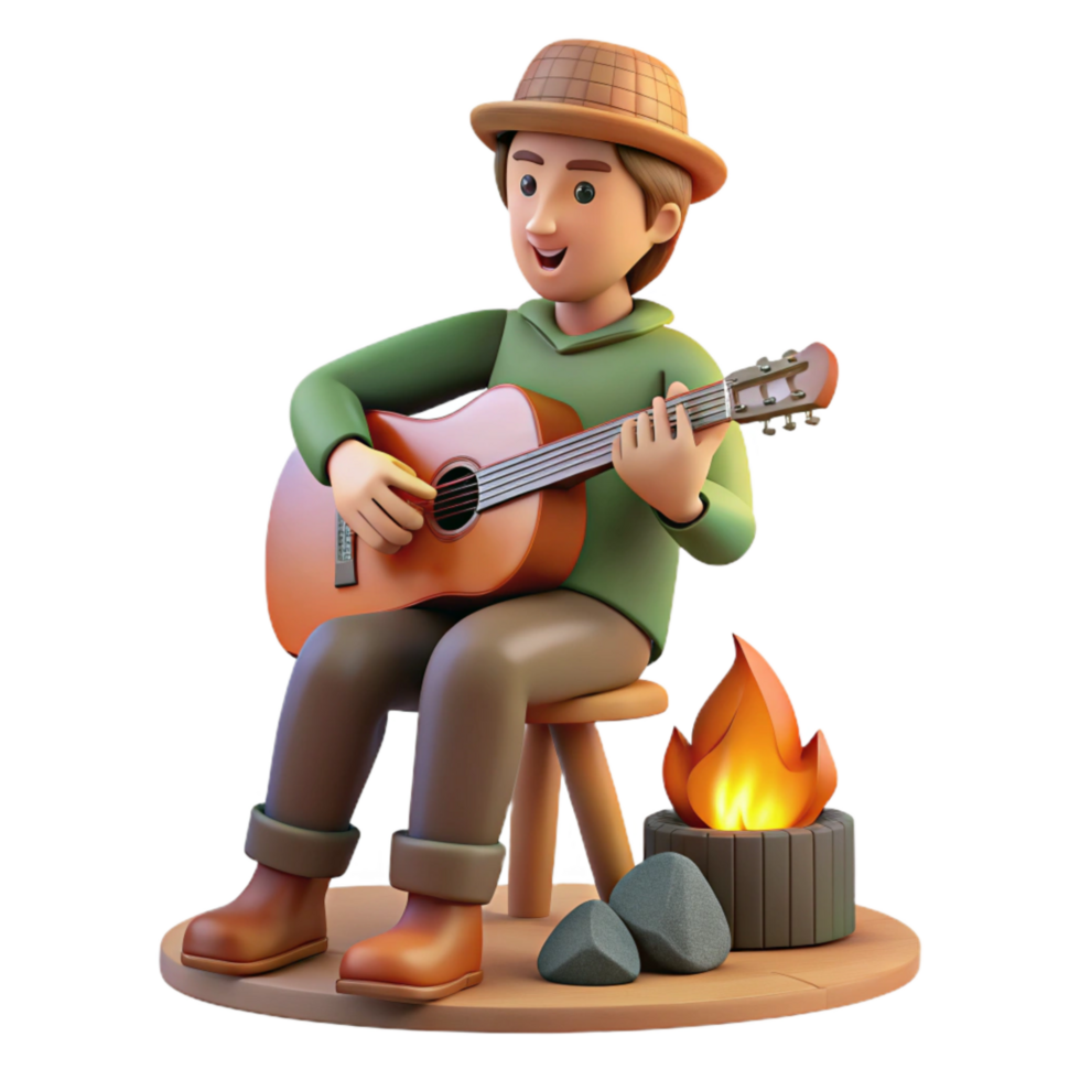 serene rustic Man Playing Acoustic Guitar by Campfire Isolated authentic png