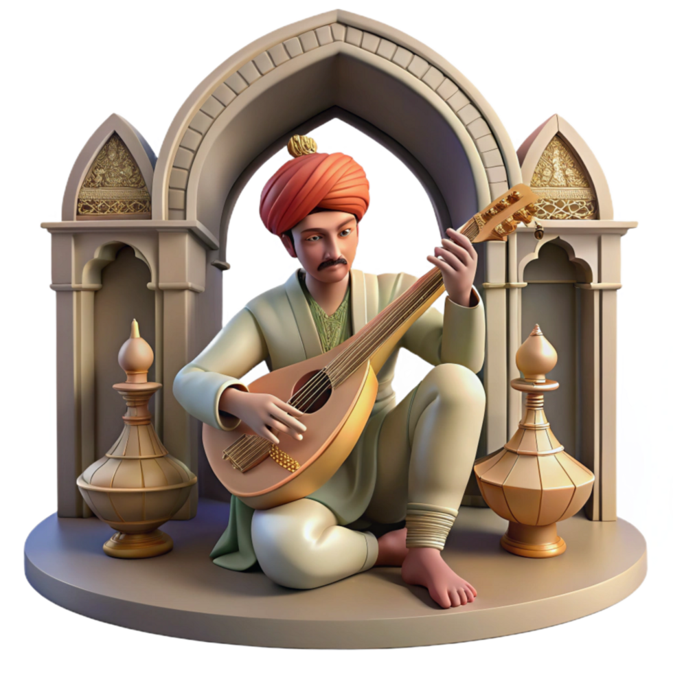 serene minimalist Man Playing Sitar in Traditional Setting Cutout detailed png