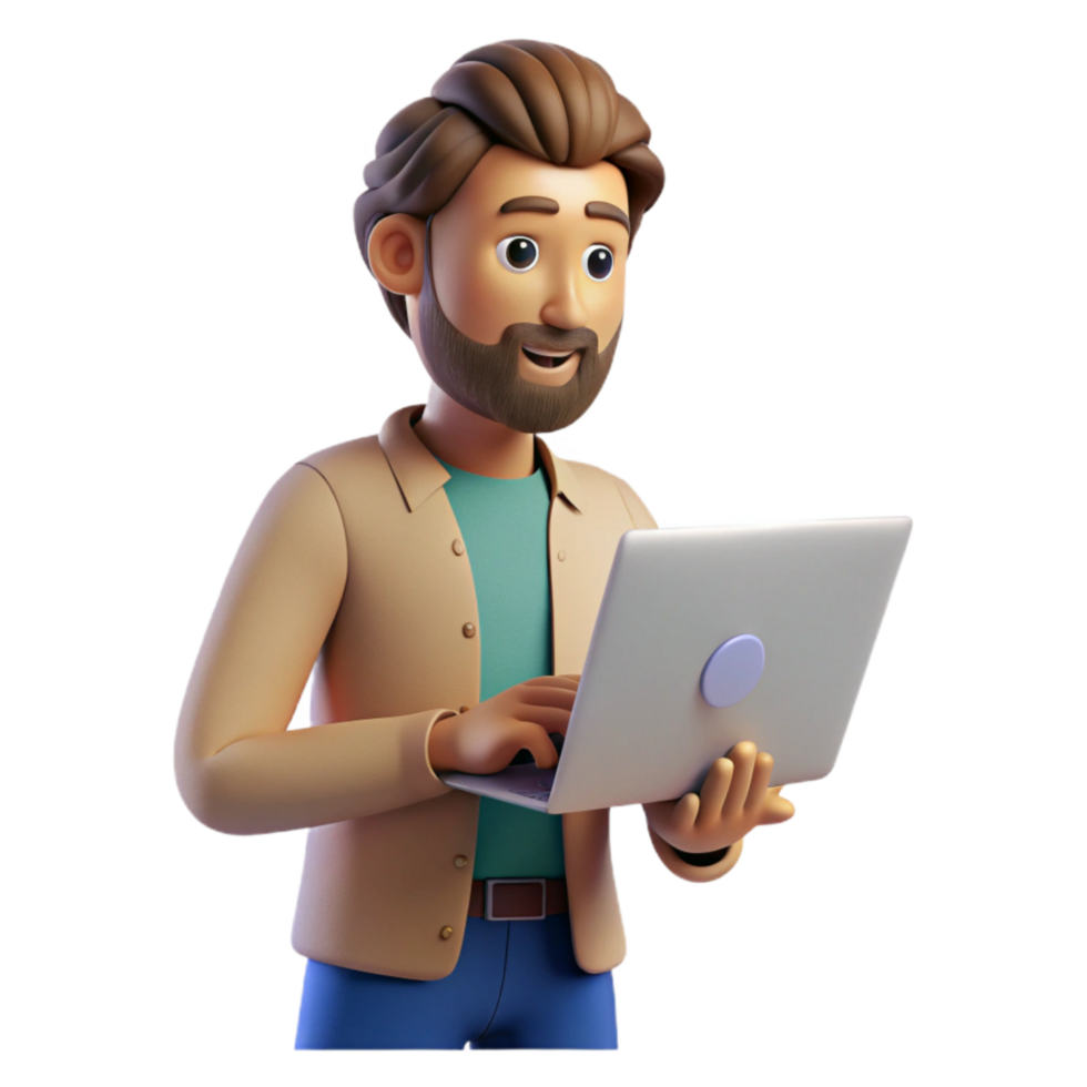 dramatic creative Man Reviewing Documents on Laptop Isolated detailed png