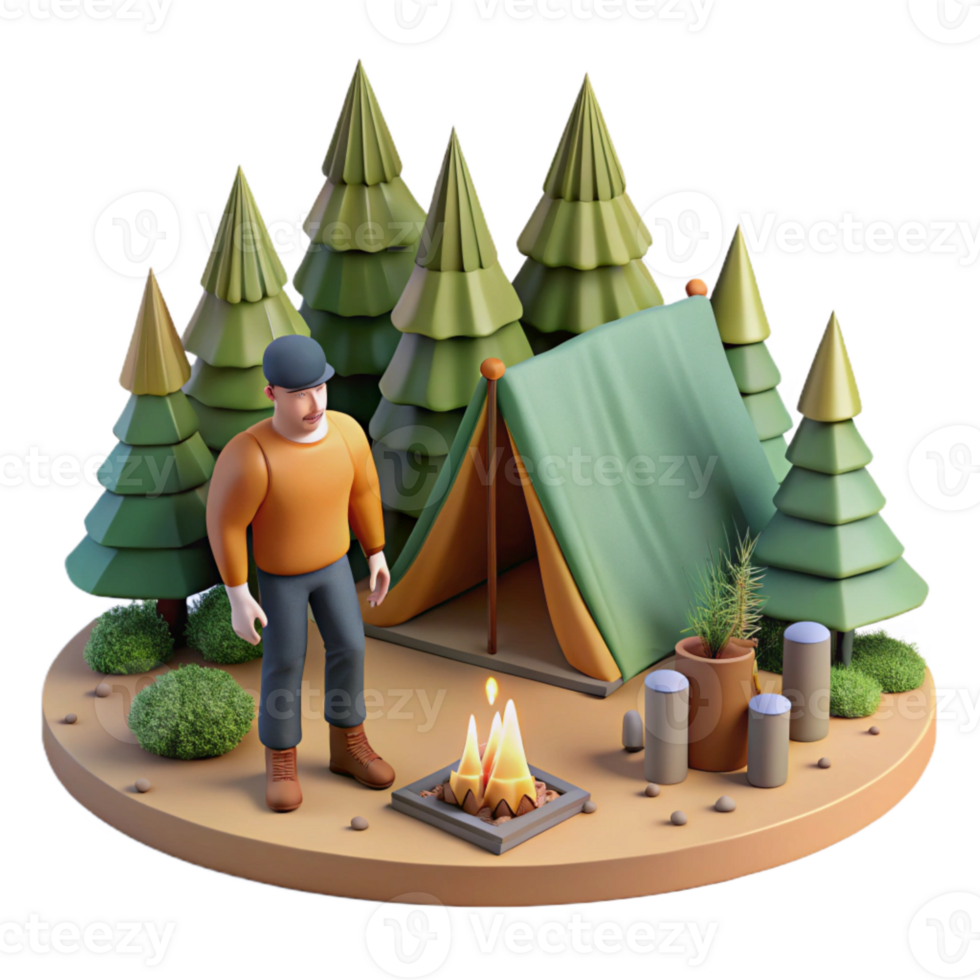 dramatic creative Man Setting Up Campsite in Forest Isolated original png