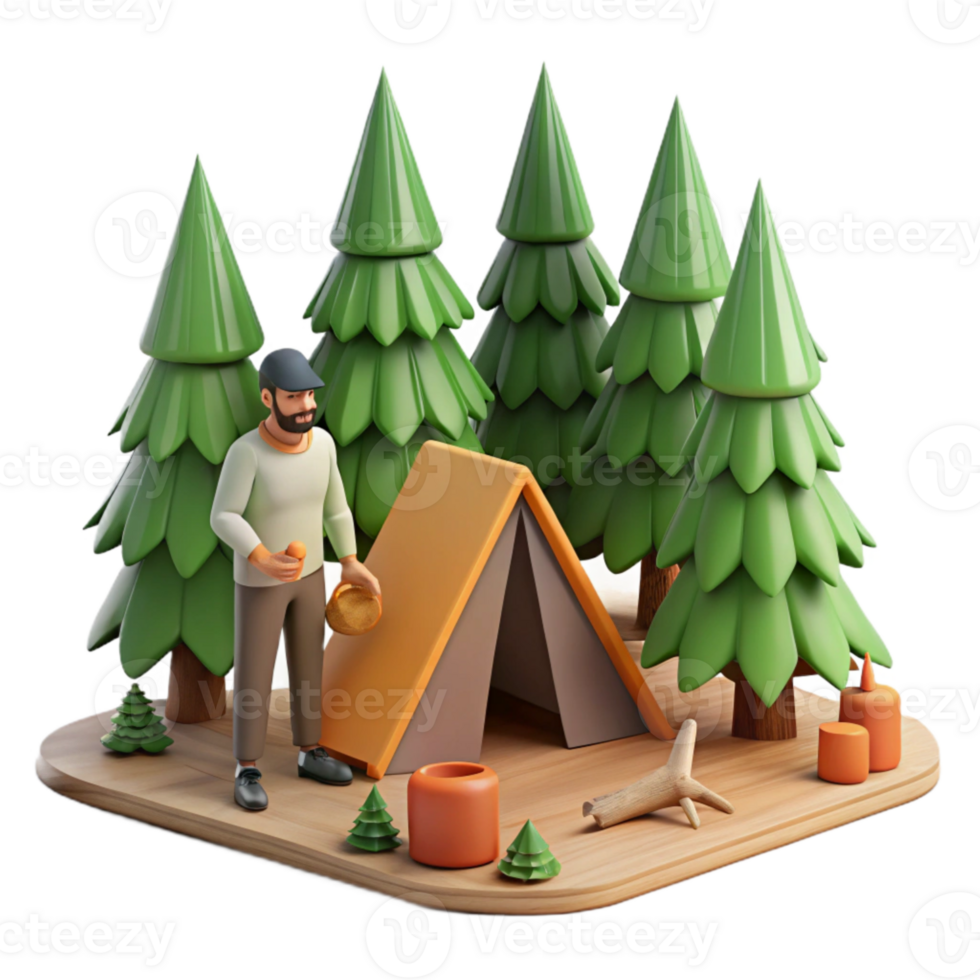 extraordinary minimalist Man Setting Up Campsite in Forest Isolated premium png