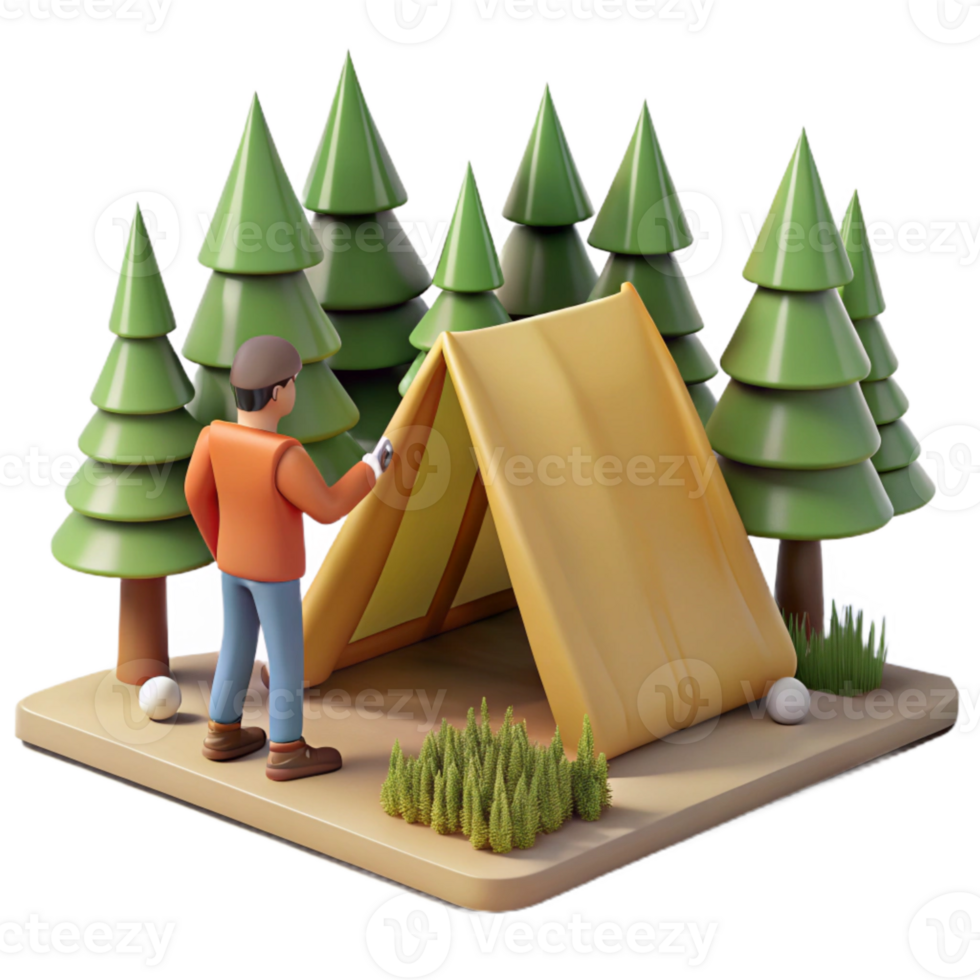dramatic creative Man Setting Up Tent in Forest Isolated original png