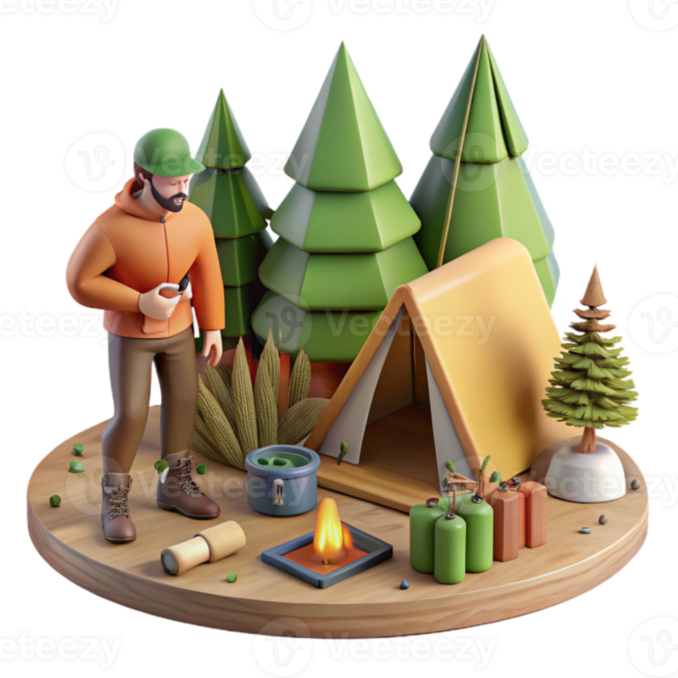 extraordinary artistic Man Setting Up Campsite in Forest Isolated 4K png