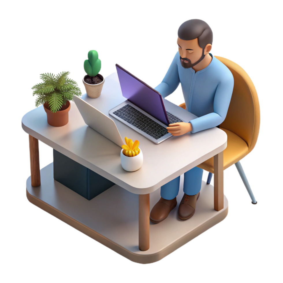 impressive vintage Man Using Laptop at Desk Top View Cutout 4K png