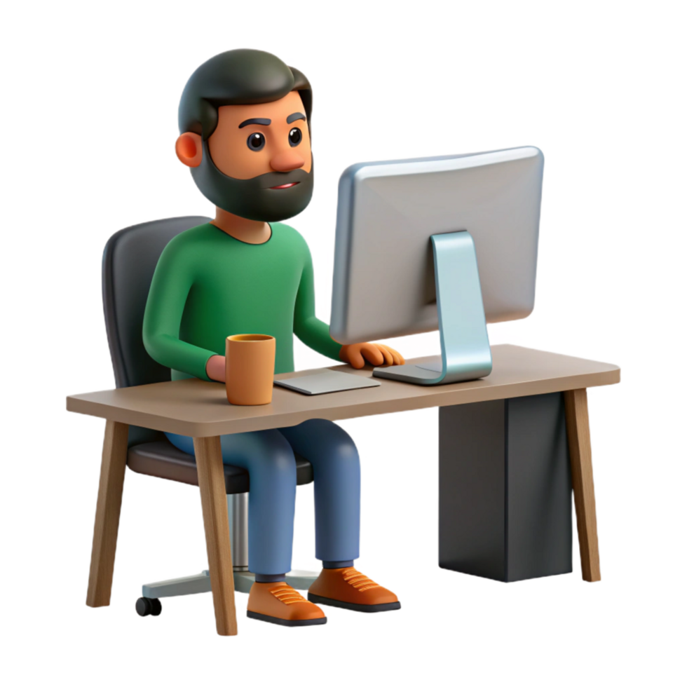 beautiful contemporary Man Working on Desktop Computer Front View Transparent Background high quality png