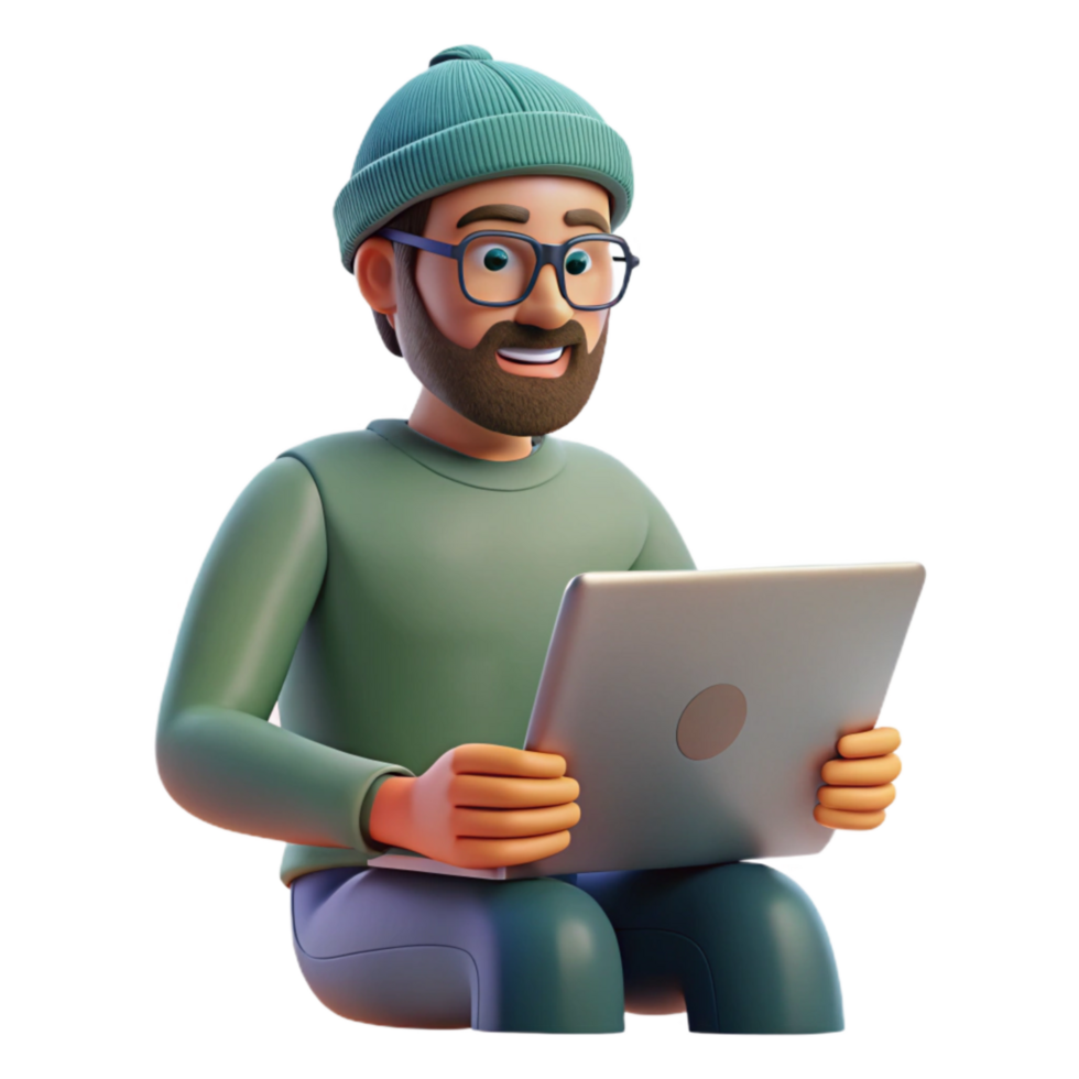 impressive rustic Man Working on Laptop in Cafe Isolated high quality png