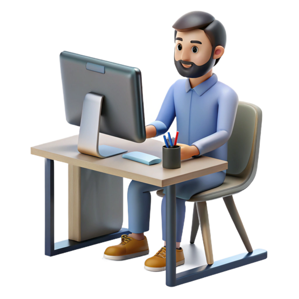 vibrant minimalist Man Working on Desktop Computer Front View Transparent Background professional png