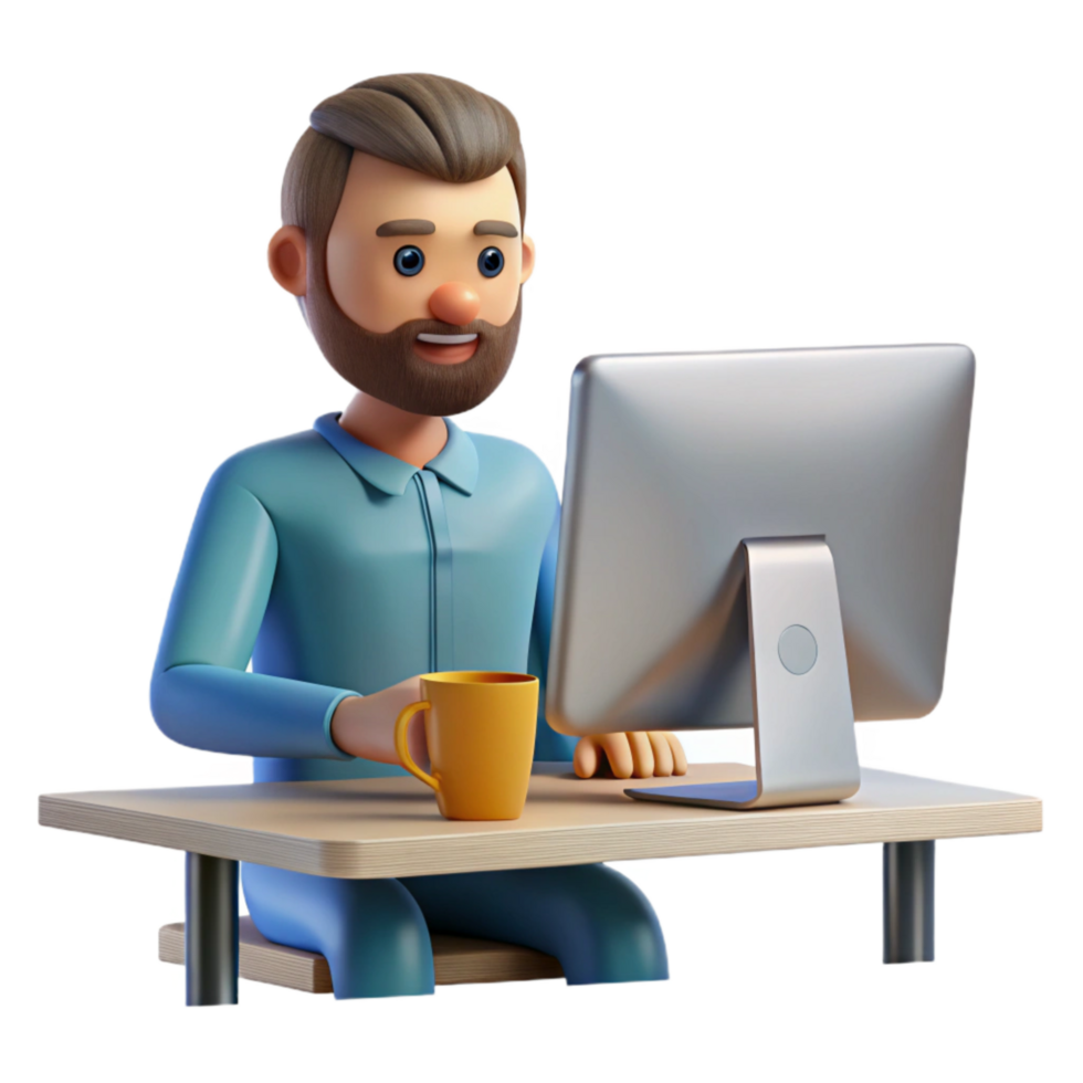 serene artistic Man Working on Desktop Computer Front View Transparent Background genuine png