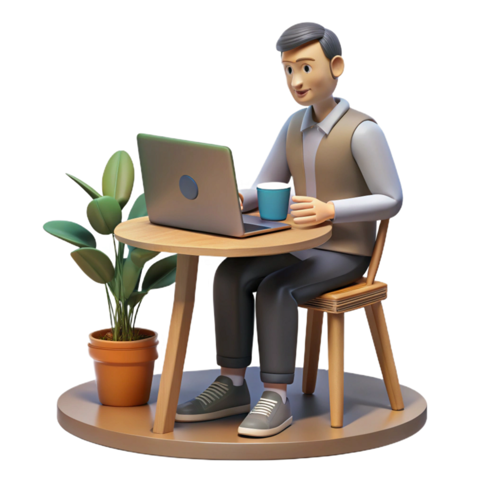 wonderful contemporary Man Working on Laptop in Cafe Isolated exclusive png