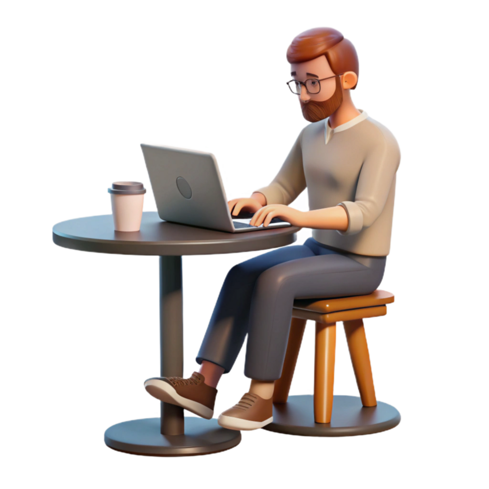 wonderful artistic Man Working on Laptop in Cafe Isolated genuine png