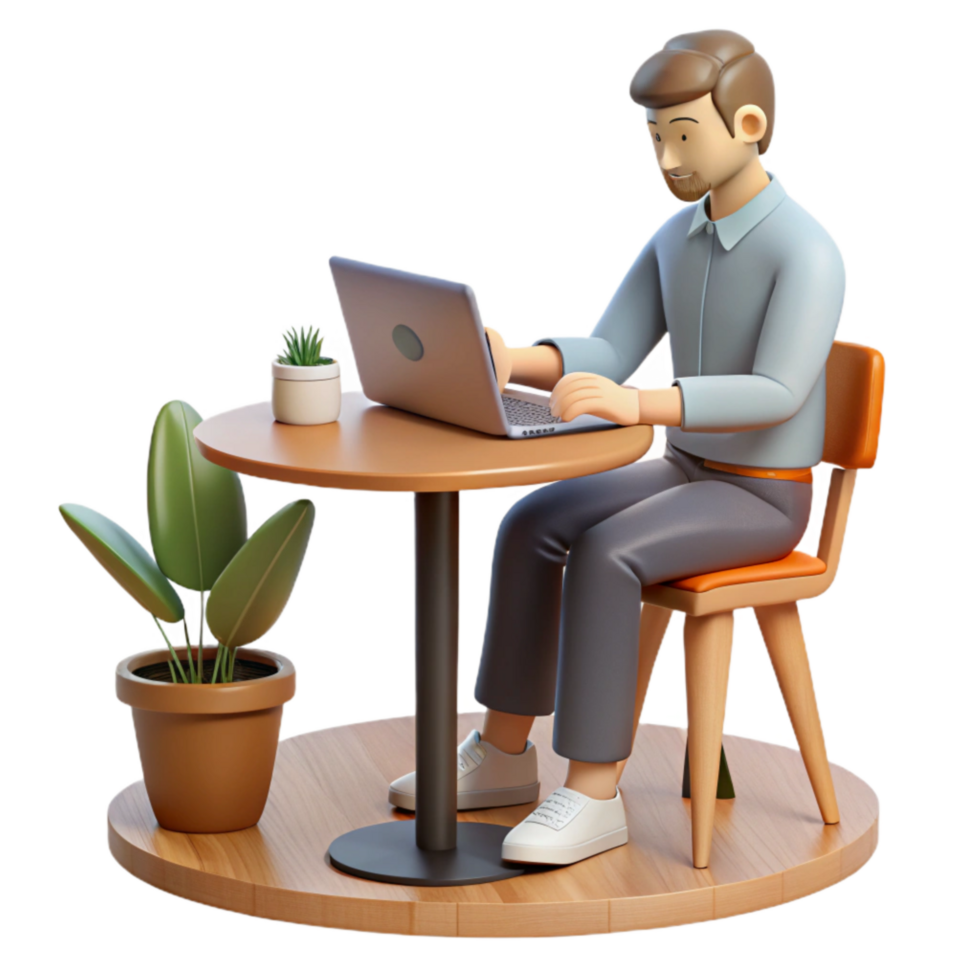 vibrant creative Man Working on Laptop in Cafe Isolated genuine png