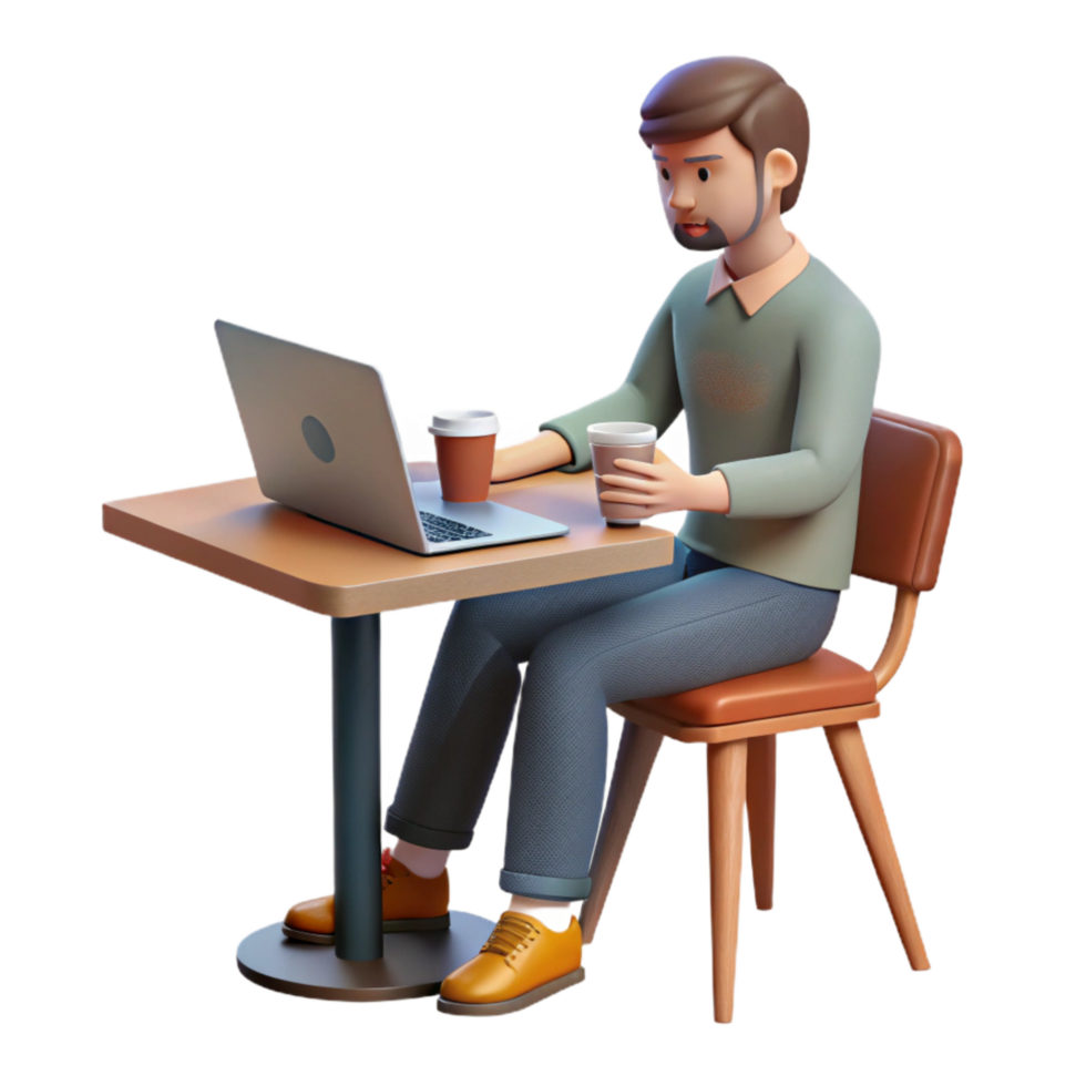 wonderful modern Man Working on Laptop in Cafe Isolated authentic png