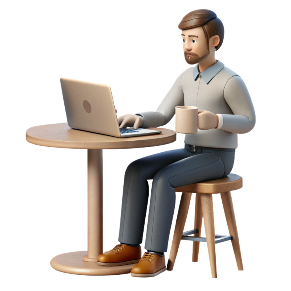 beautiful minimalist Man Working on Laptop in Cafe Isolated 4K png