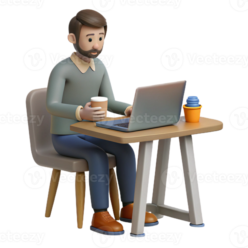 serene classic Man Working on Laptop in Cafe Isolated authentic png