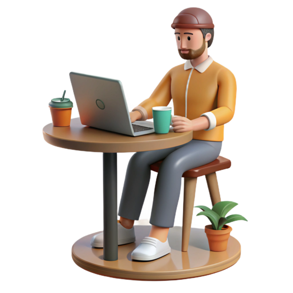 magnificent abstract Man Working on Laptop in Cafe Isolated high quality png