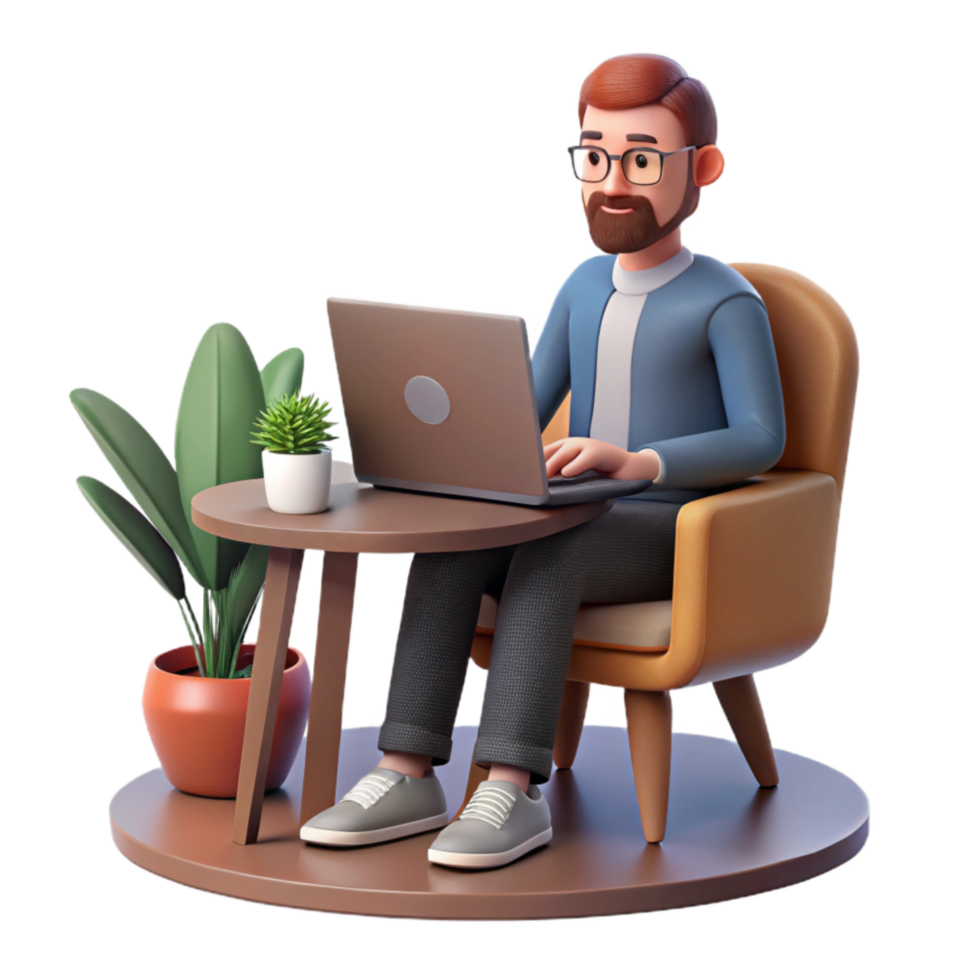 stunning minimalist Man Working on Laptop in Cafe Isolated high quality png