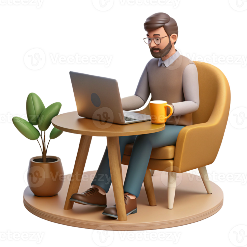 impressive modern Man Working on Laptop in Cafe Isolated high resolution png