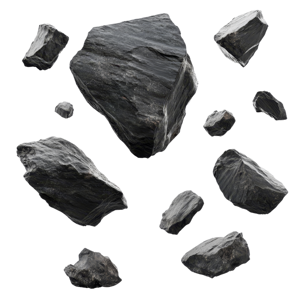 Flying black rocks isolated against a transparent background for creative design or artistic purposes, flying black rocks isolated on transparent background png