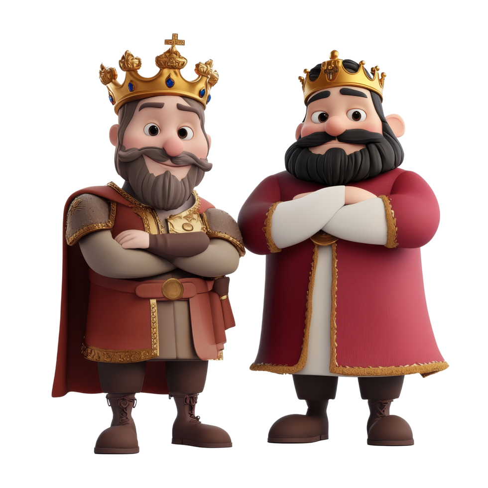 Cartoon kings with crowns standing confidently on transparent background, 3D Cartoon Kings Characters on transparent background png