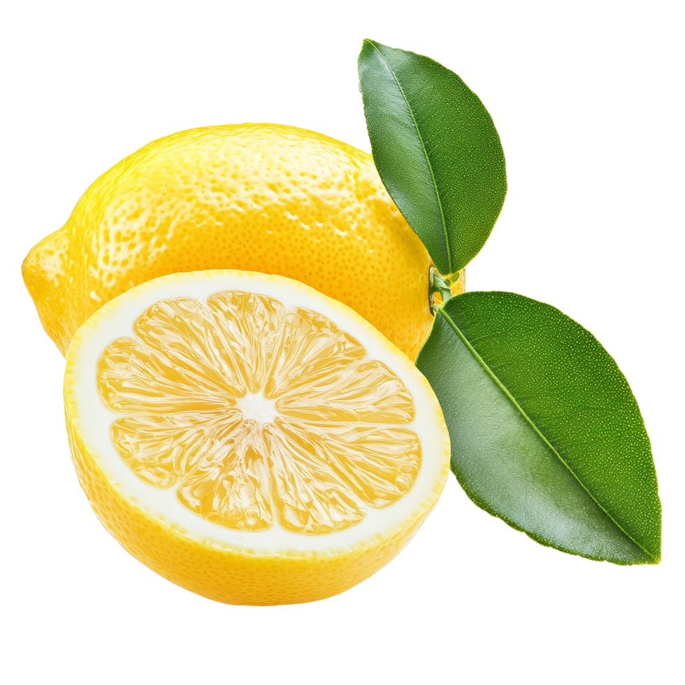Fresh lemon citrus fruit with green leaves isolated on transparent background ready for culinary use or beverage preparation, lemon citrus fruit isolated on transparent background png
