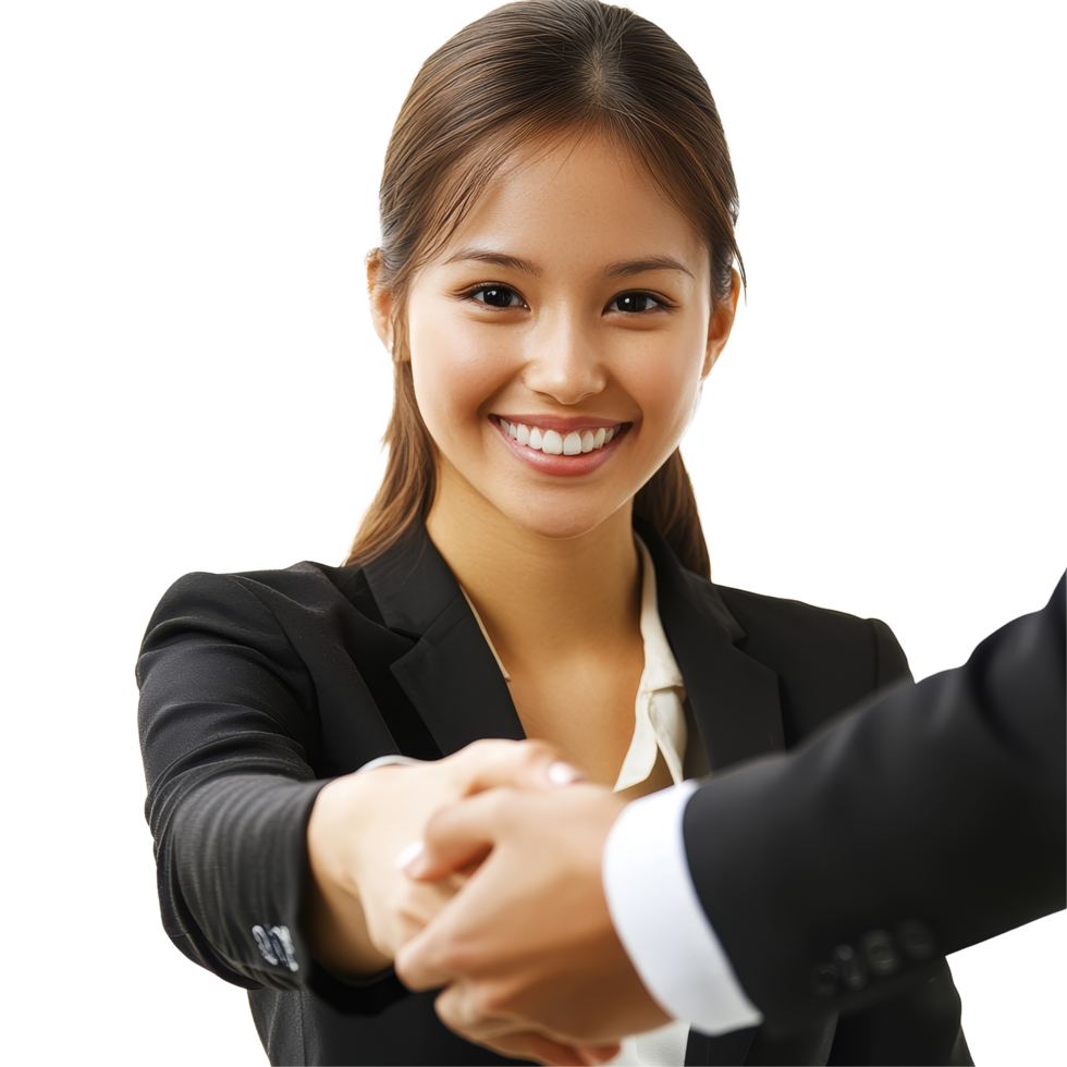 Happy woman shaking hands after receiving a job offer in a bright office setting, file no background Happy woman recruited after the job interview png