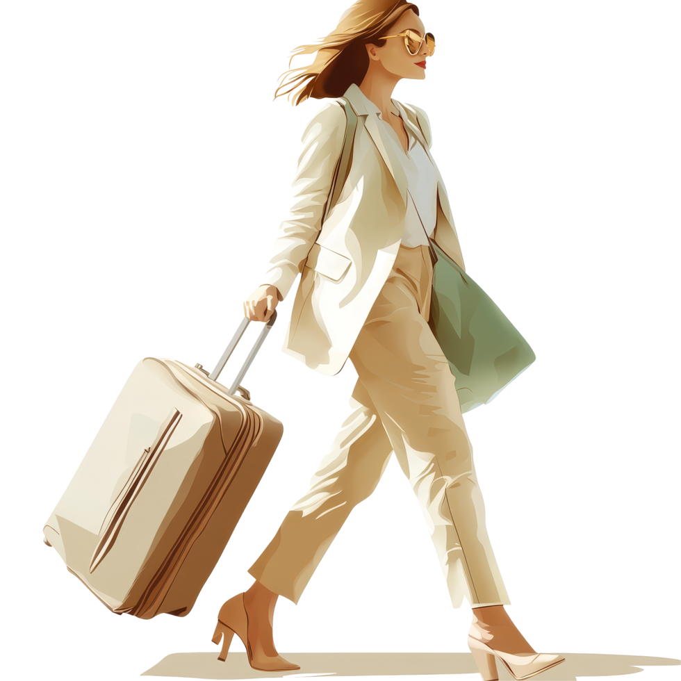 Fashionable woman traveling with a suitcase on a sunny day in a stylish outfit, file no background Fashionable woman traveling and pulling a trolley bag png