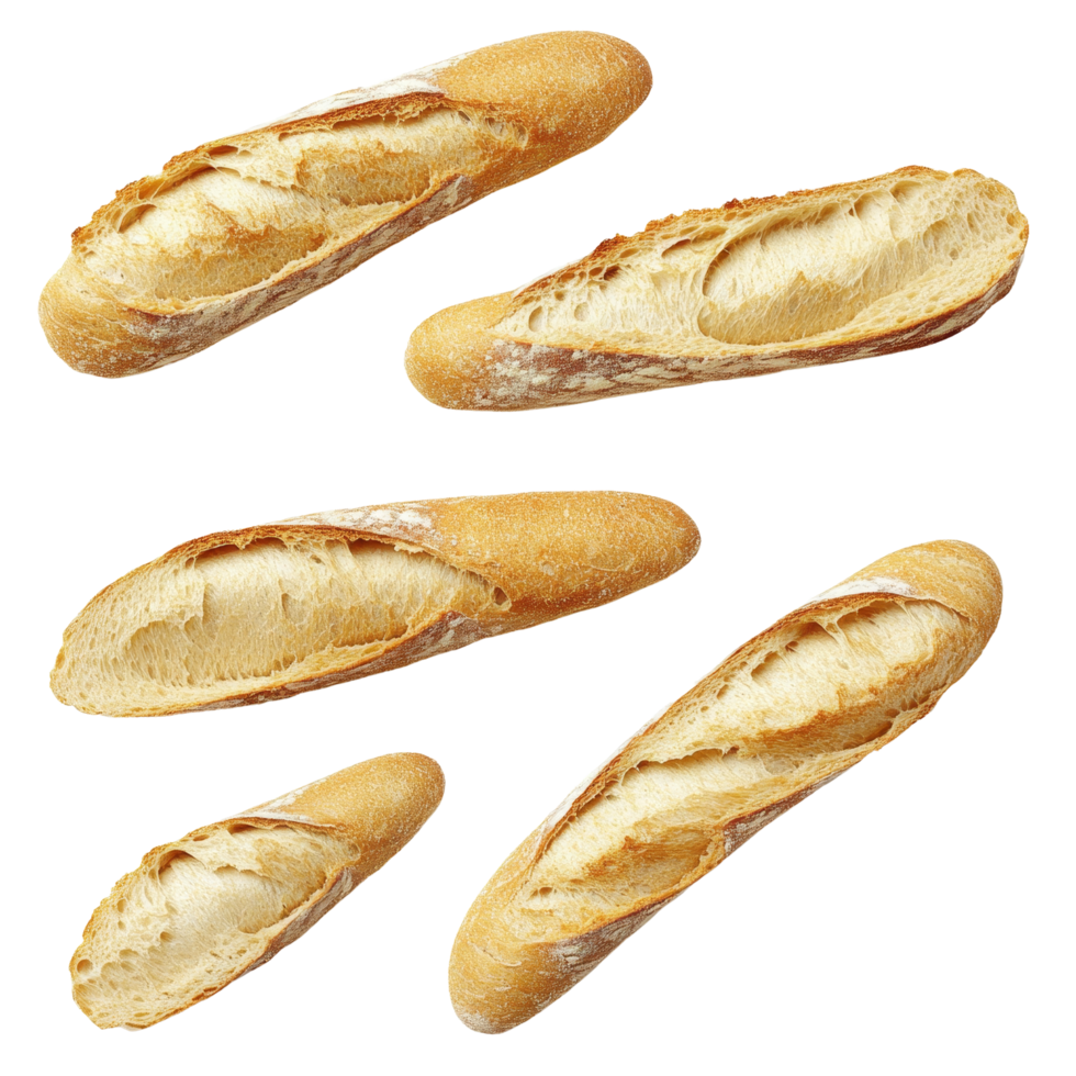 Different angles of sliced baguette pieces isolated on a transparent background for culinary presentation, Different angle of sliced baguette isolated png