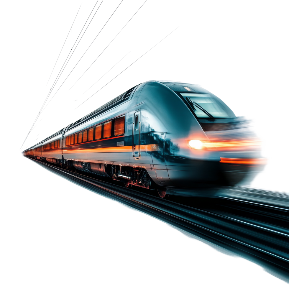 Modern train locomotive speeding along tracks against a clean transparent background, Modern Train Locomotive in Motion on transparent background png