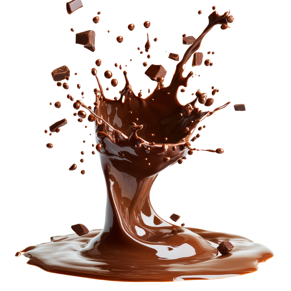 Liquid brown chocolate splashes creating an artistic display isolated on a transparent background, liquid brown chocolate splashes isolated on transparent background png