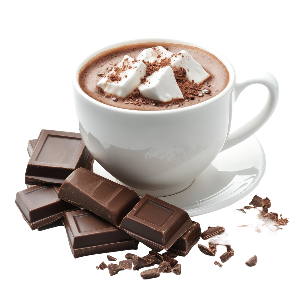 Indulge in a rich hot chocolate topped with marshmallows and surrounded by dark chocolate, perfect for any cozy day, Delicious hot chocolate on transparent background png
