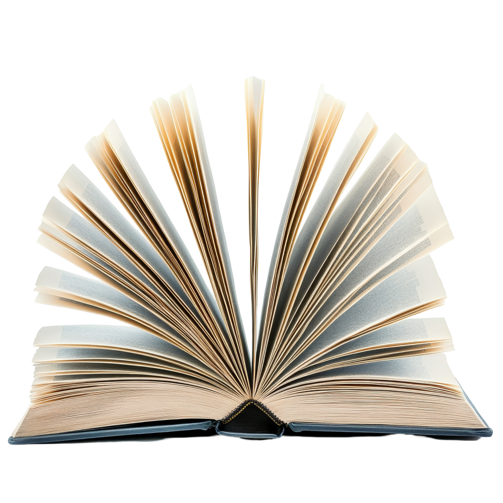 An abstract view of an open book with turning pages showcasing creativity and imagination in a minimalist setting, Open book with abstract turning pages isolated on transparent background png