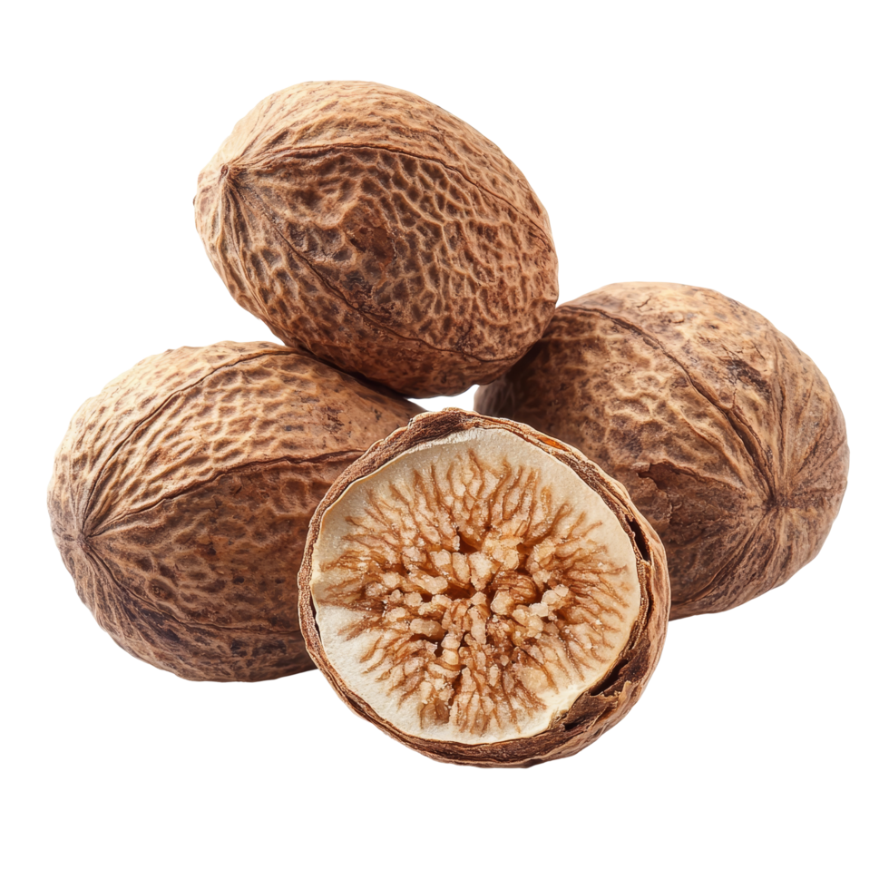 Dried nutmeg seeds isolated on a transparent background showcasing their unique texture and shape, Dry nutmeg isolated on transparent background png