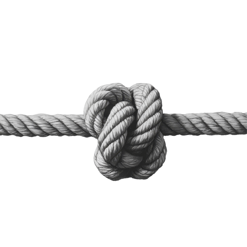 A detailed view of a complex knot tied on a thick rope against a neutral background showcasing craftsmanship, knot on a rope png