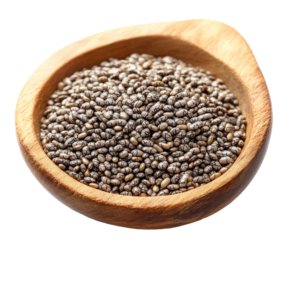 Chia seeds in a wooden bowl highlighting their natural texture and color against a transparent background for culinary uses, Chia seeds isolated Stock Photo png