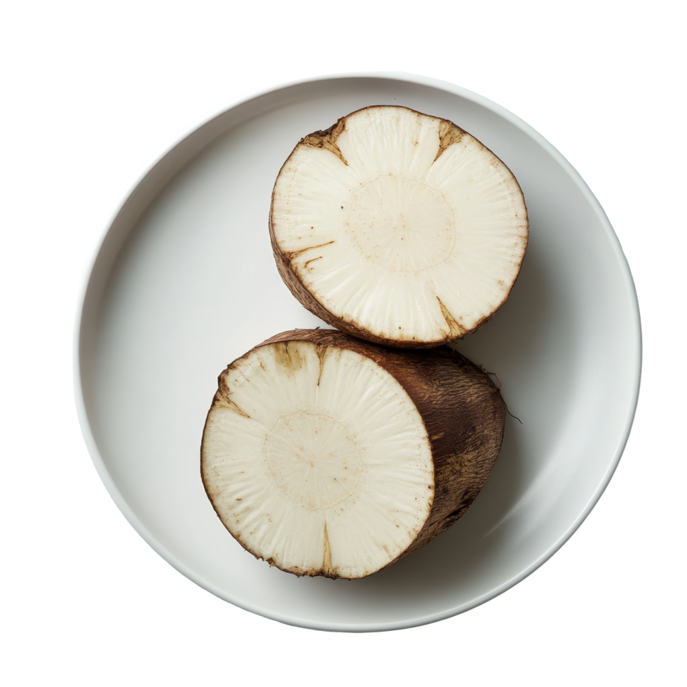 Sliced taro root displayed on a transparent plate against a plain transparent background, showcasing its delicate texture and color, slice taro root on transparent plate on transparent background png