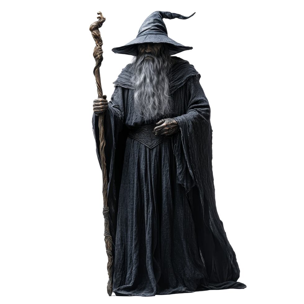 A mysterious sorcerer stands alone with a staff against a clean transparent background, exuding an aura of dark magic, Scary Sorcerer Isolated on transparent background png
