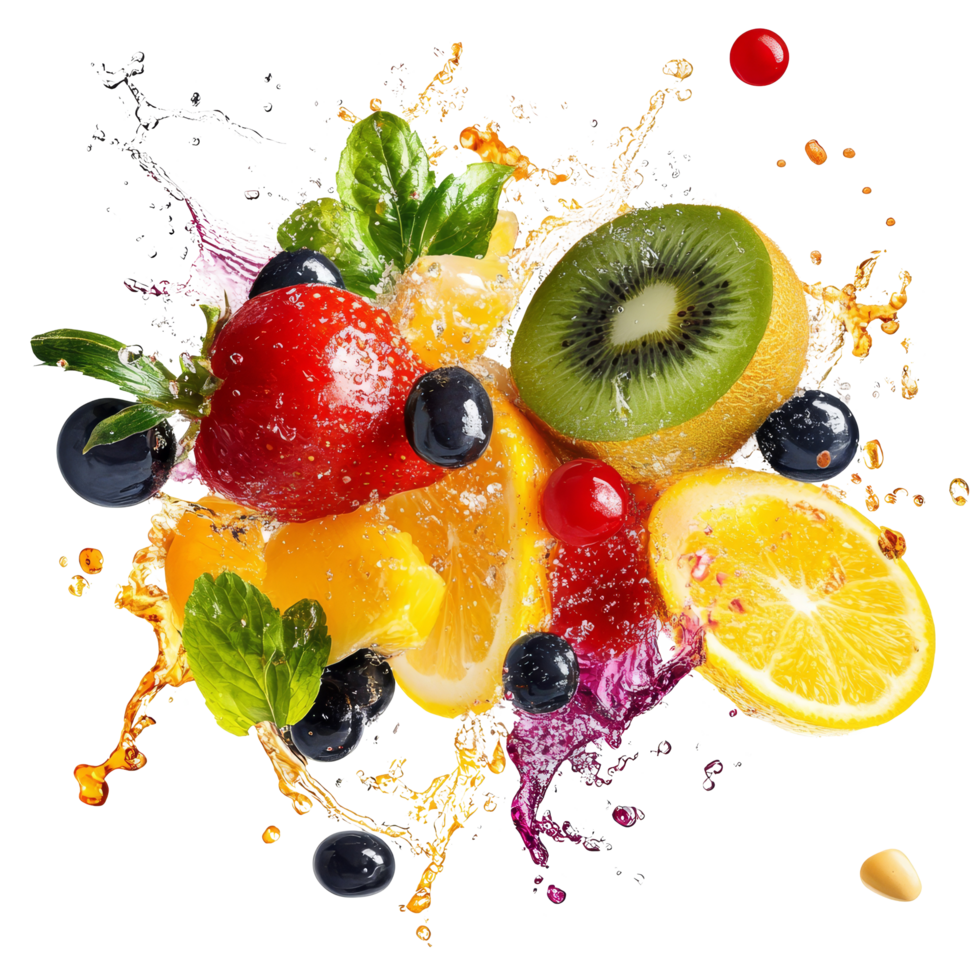 Colorful splash of multivitamins from fresh fruits creating an eyecatching display on a transparent background, multi vitamin fruit splash isolated on transparent background png